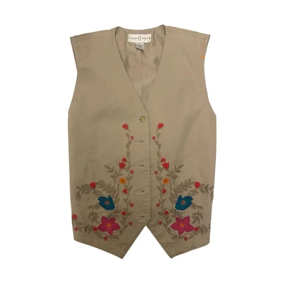Embroidered Cotton Button Up Vest Waistcoat Tie Back, S boho prairie